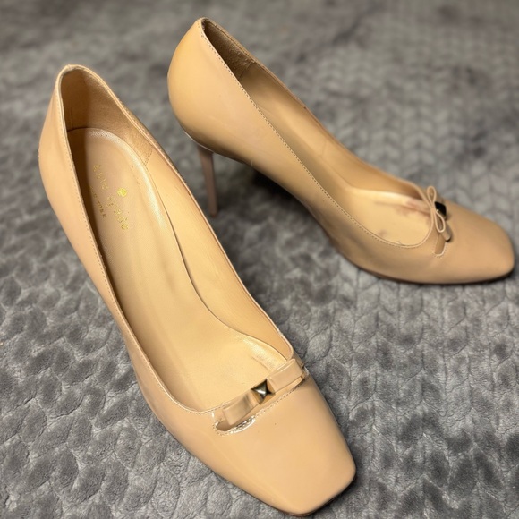 kate spade Shoes - Kate Spade Nude Square Toe Heels with Bow and Stud Accent